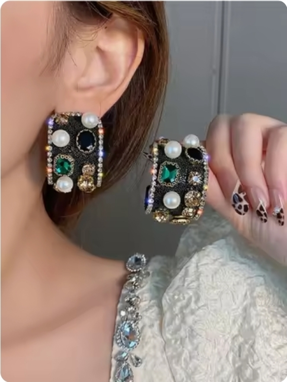 Anthropologie Black Hoop Earrings with Gold, Pearl & Emerald Accents - Picture 3 of 4